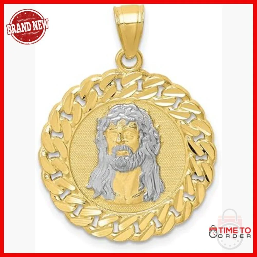 10k Gold Jesus Pendant Men's Religious Medallion Cuban Link Border